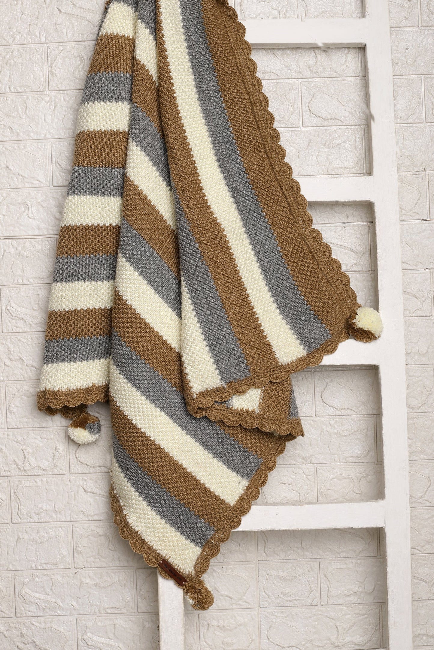 Cozy Trio-Tone Pom Pom Throw Blanket – Grey, Beige & Cream