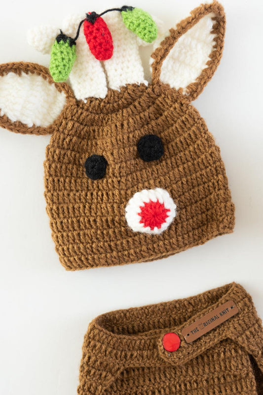 Reindeer Diaper Cover, Cap and Booties- Beige & Red