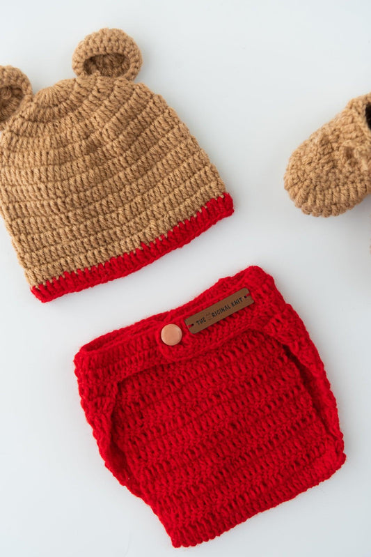 Teddy Diaper Cover, Cap & Booties- Red & Beige