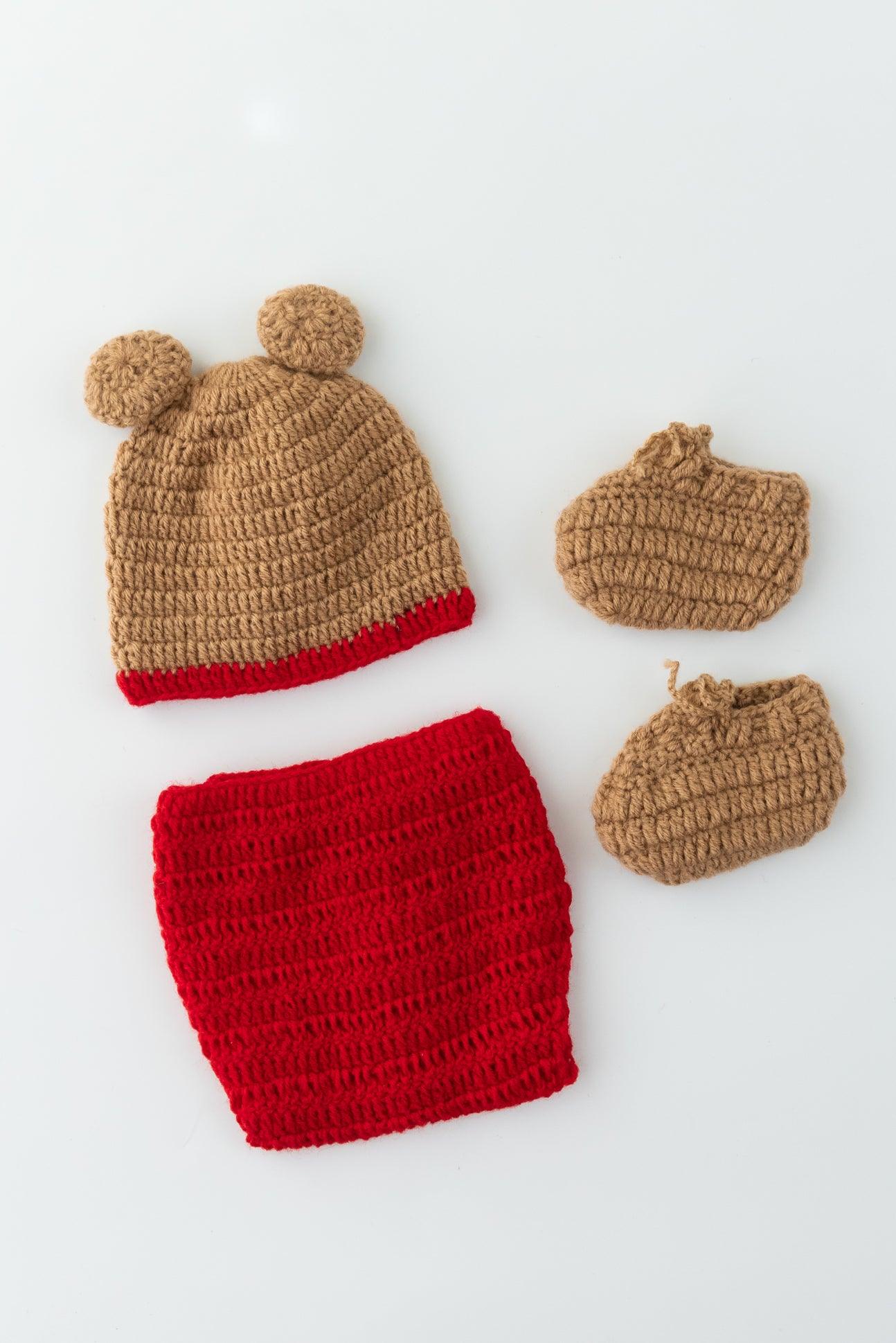 Teddy Diaper Cover, Cap & Booties- Red & Beige