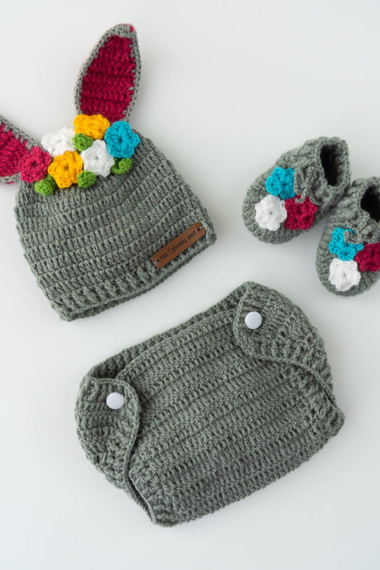 Bunny Diaper Cover Cap & Booties- Grey