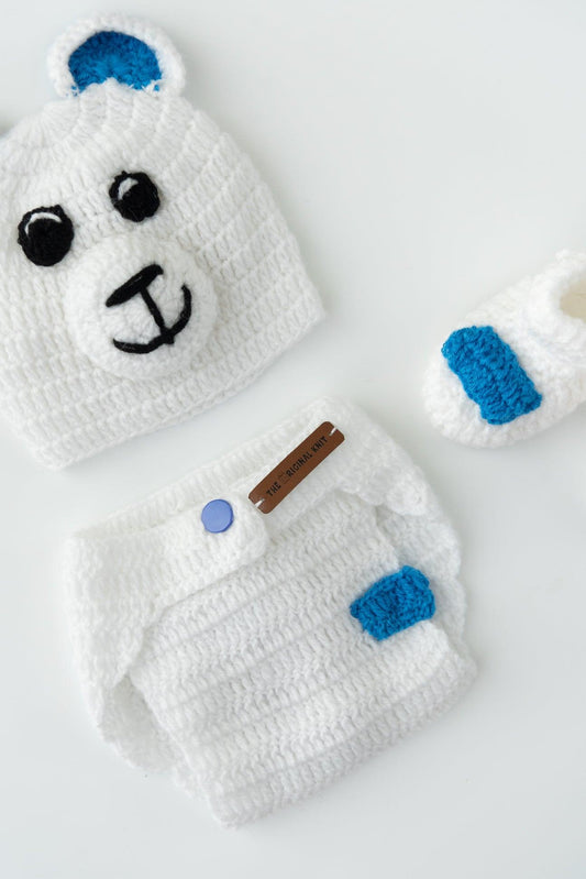 Teddy Diaper Cover, Cap & Booties- White & Blue