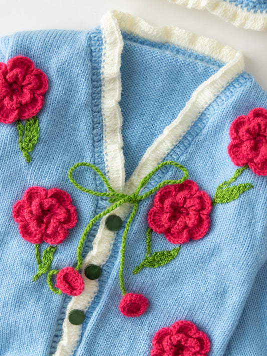 Flower Embellished Romper Set- Blue & Red