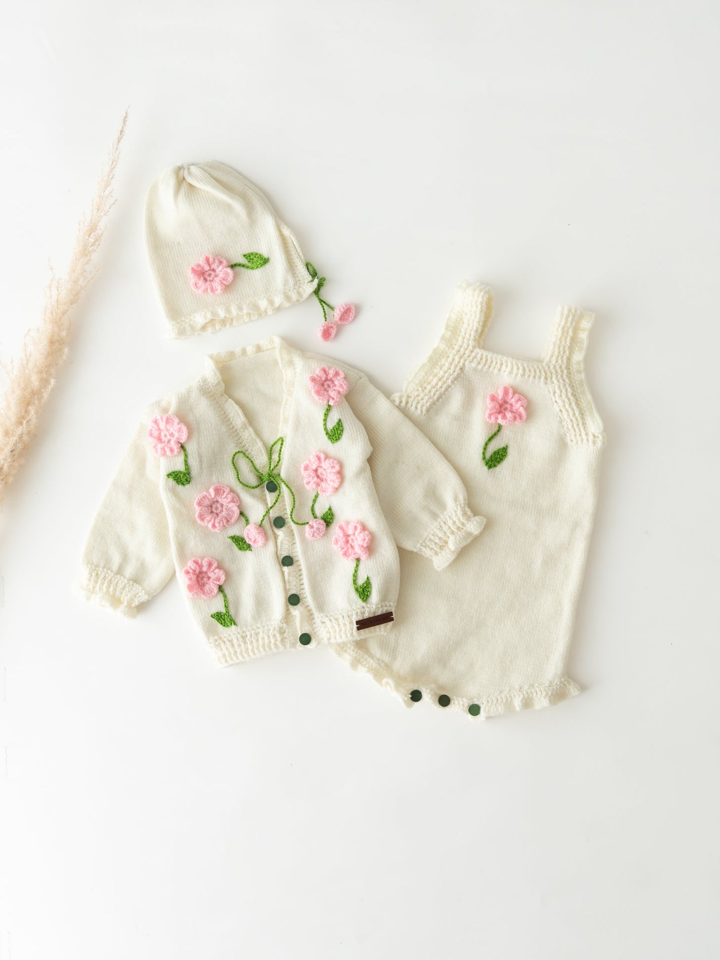 Flower Embellished Romper Set- Off White & Pink