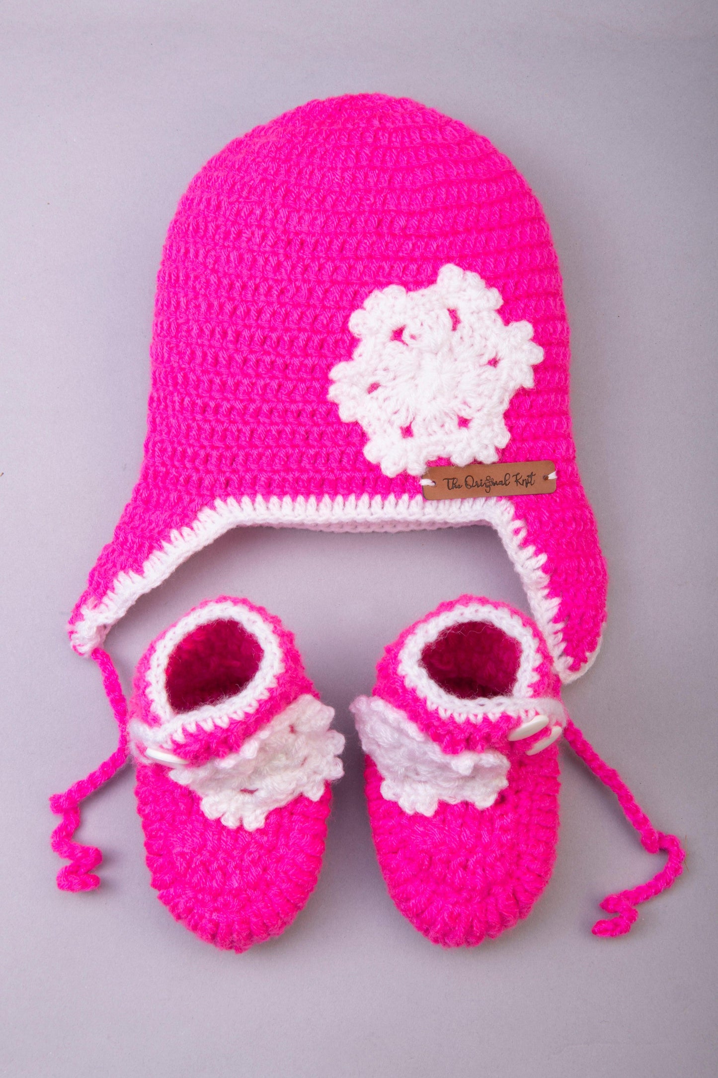 Snowflake Handmade Crochet Cap & Booties- Hot Pink & White