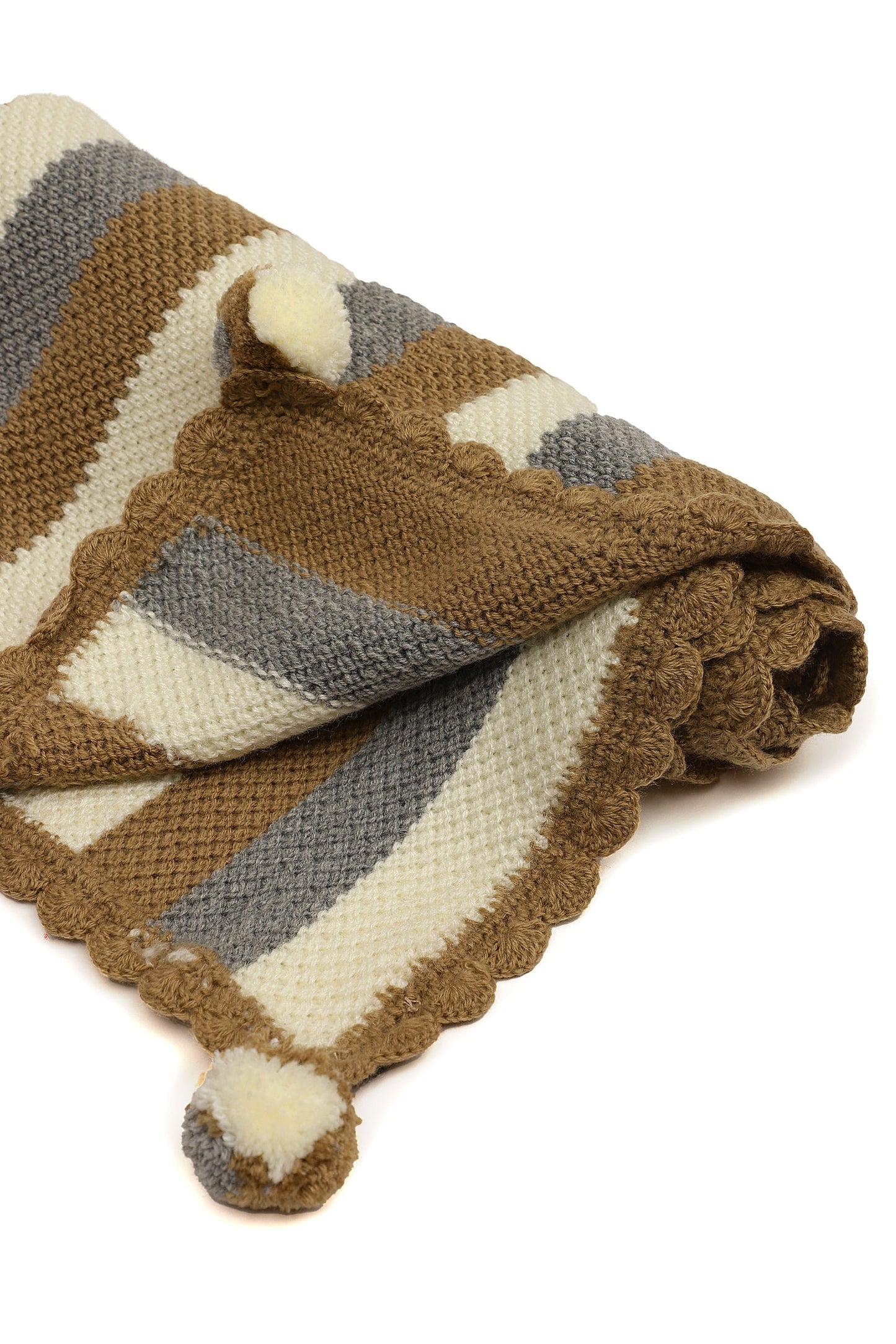 Cozy Trio-Tone Pom Pom Throw Blanket – Grey, Beige & Cream