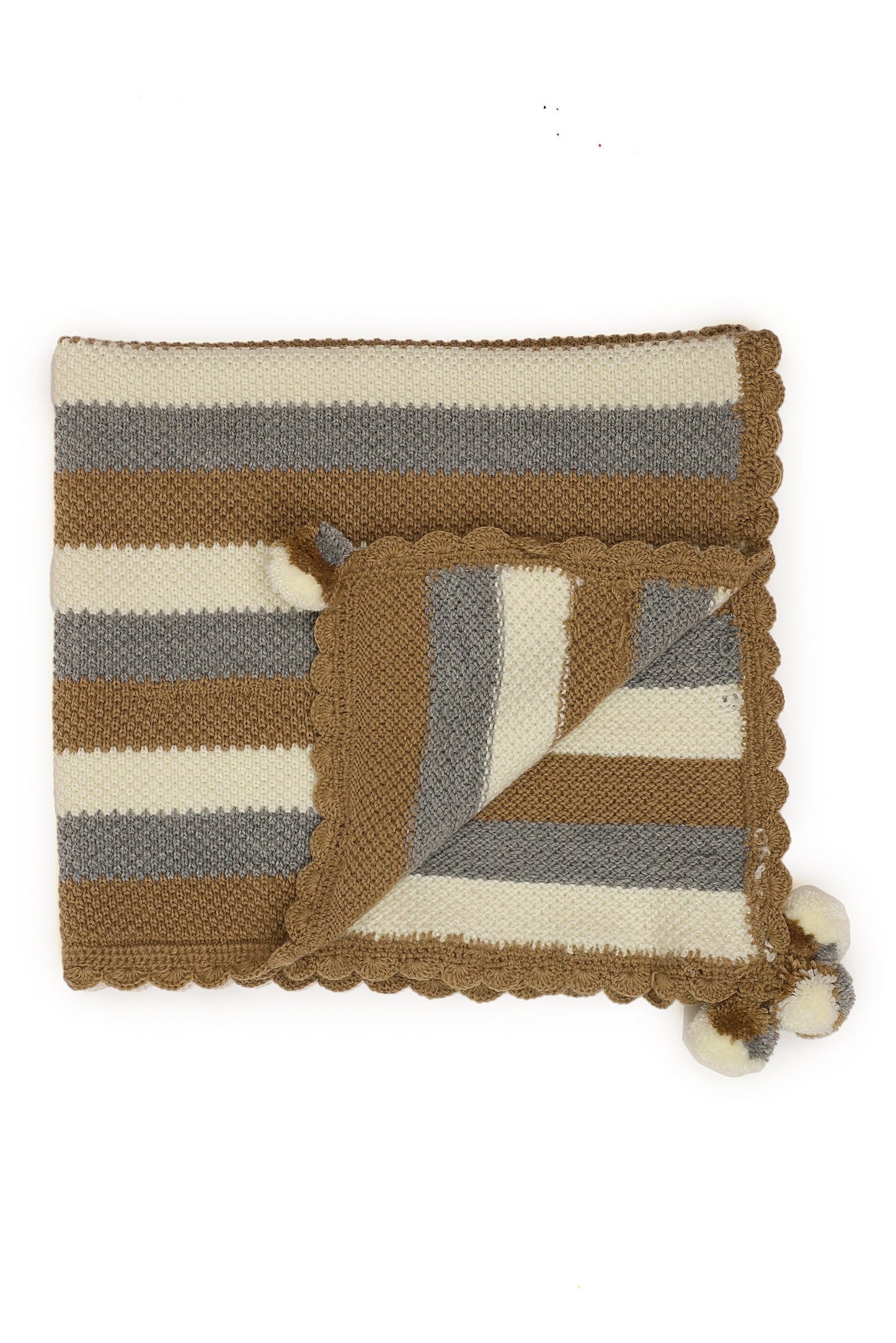 Cozy Trio-Tone Pom Pom Throw Blanket – Grey, Beige & Cream