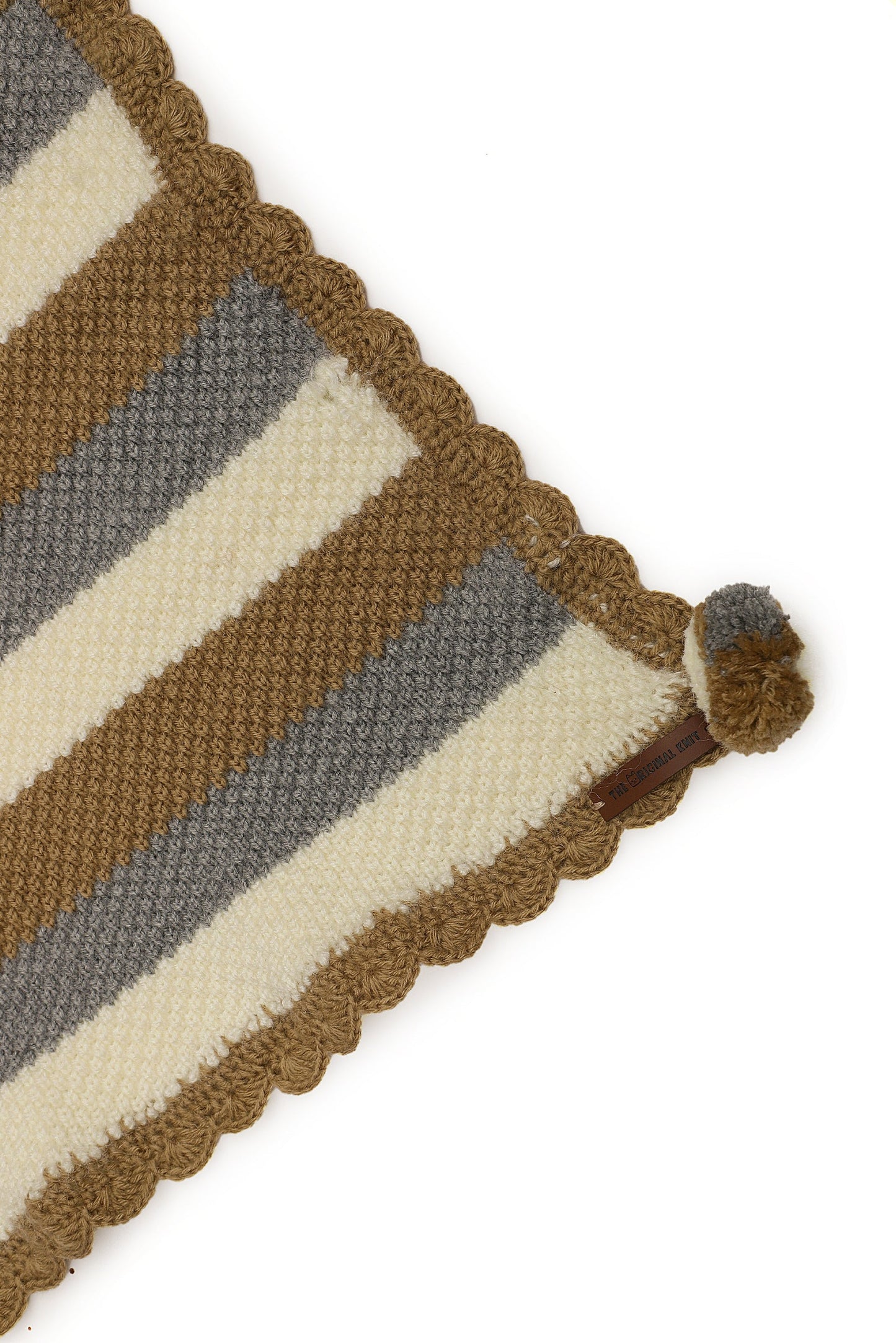 Cozy Trio-Tone Pom Pom Throw Blanket – Grey, Beige & Cream
