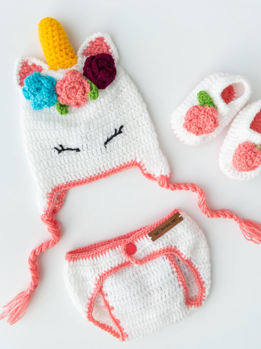 Unicorn Diaper Cover, Cap & Booties- White & Pink