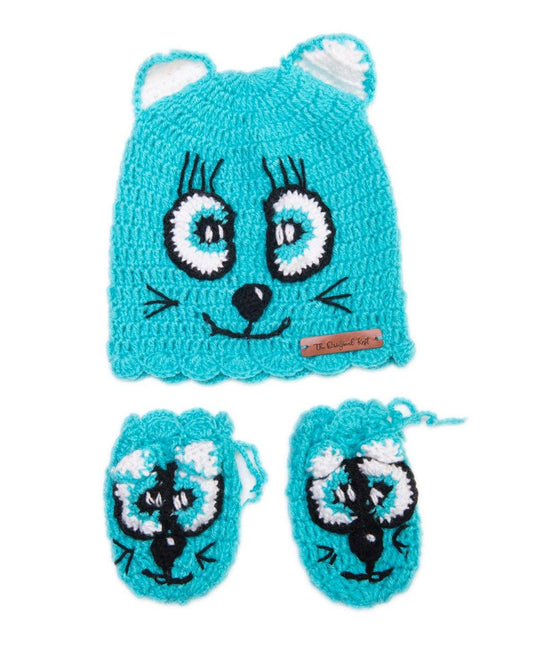 Handmade Cat Face Cap & Mittens- Turquoise Blue
