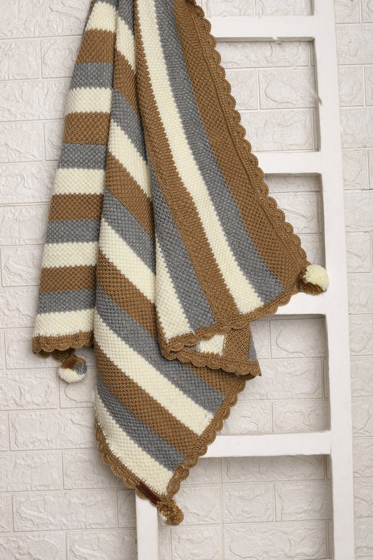 Cozy Trio-Tone Pom Pom Throw Blanket – Grey, Beige & Cream