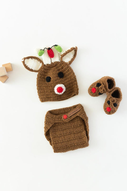 Reindeer Diaper Cover, Cap and Booties- Beige & Red