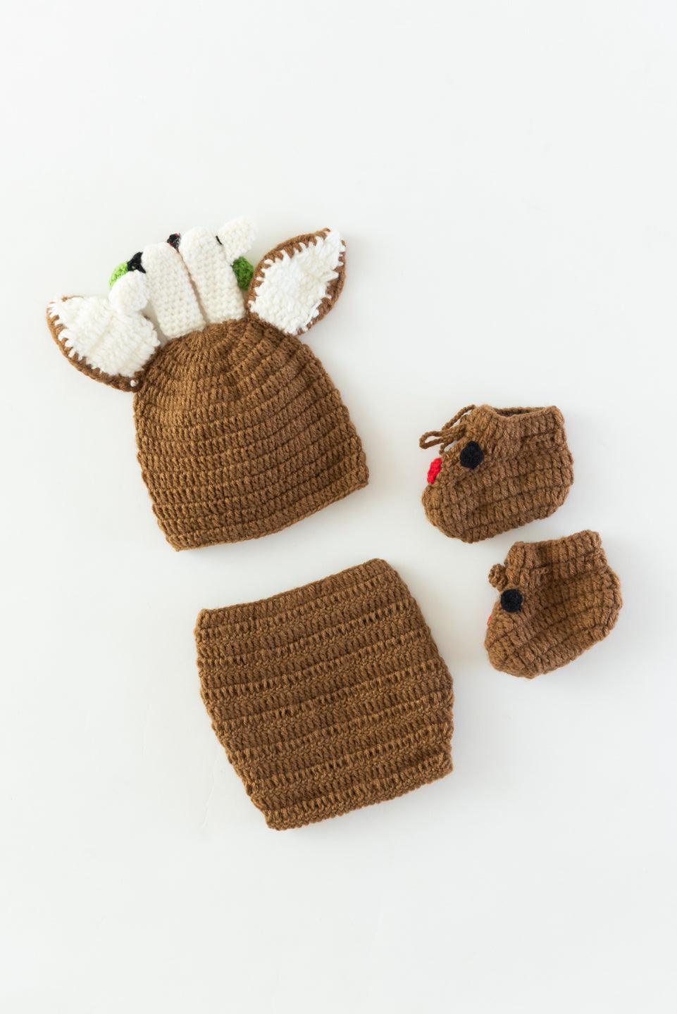 Reindeer Diaper Cover, Cap and Booties- Beige & Red