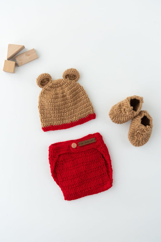 Teddy Diaper Cover, Cap & Booties- Red & Beige