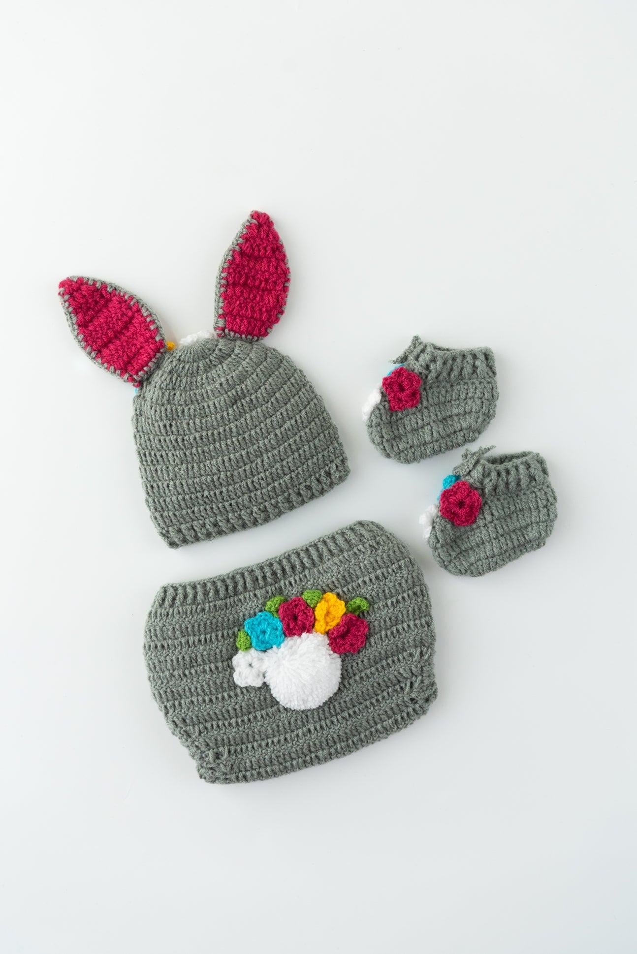 Bunny Diaper Cover Cap & Booties- Grey