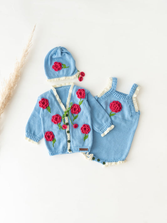 Flower Embellished Romper Set- Blue & Red