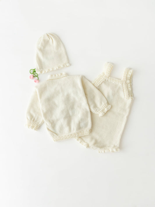 Flower Embellished Romper Set- Off White & Pink