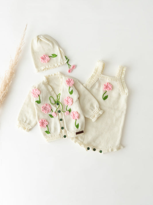 Flower Embellished Romper Set- Off White & Pink