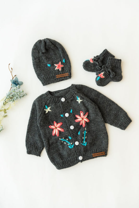 Unisex Kids Embroidered Handmade Sweater Set- Dark Grey