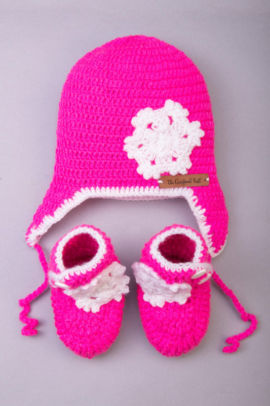 Snowflake Handmade Crochet Cap & Booties- Hot Pink & White