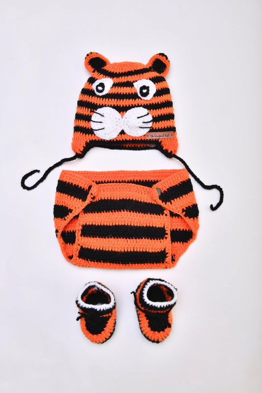 Tiger Design Cap With Booties & Bloomers- Orange