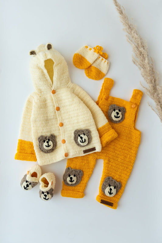 Bear Hug Explorer Dungaree Set- Off White & Yellow