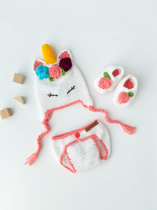 Unicorn Diaper Cover, Cap & Booties- White & Pink