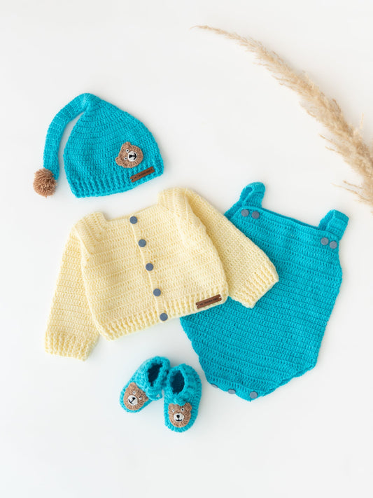 Berry Bear Romper Set- Blue & Off White