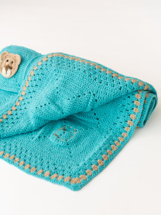 Teddy in a Box  Blanket- Light Blue & Beige