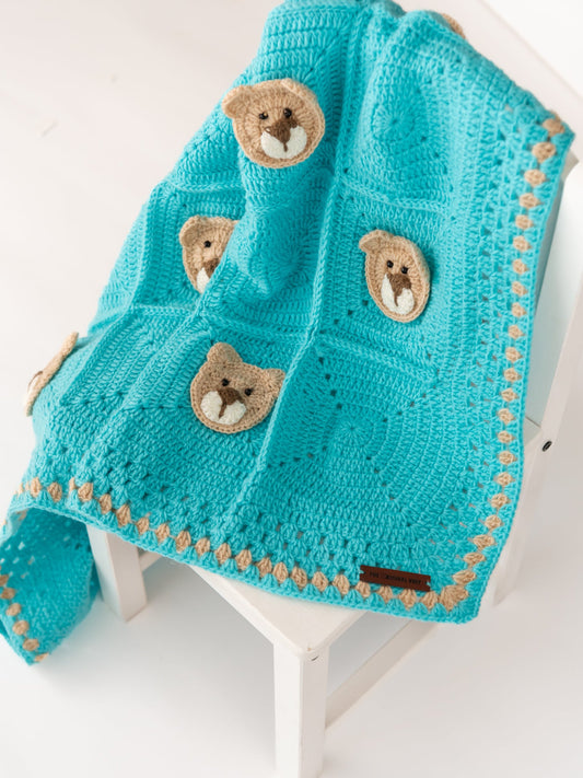 Teddy in a Box  Blanket- Light Blue & Beige
