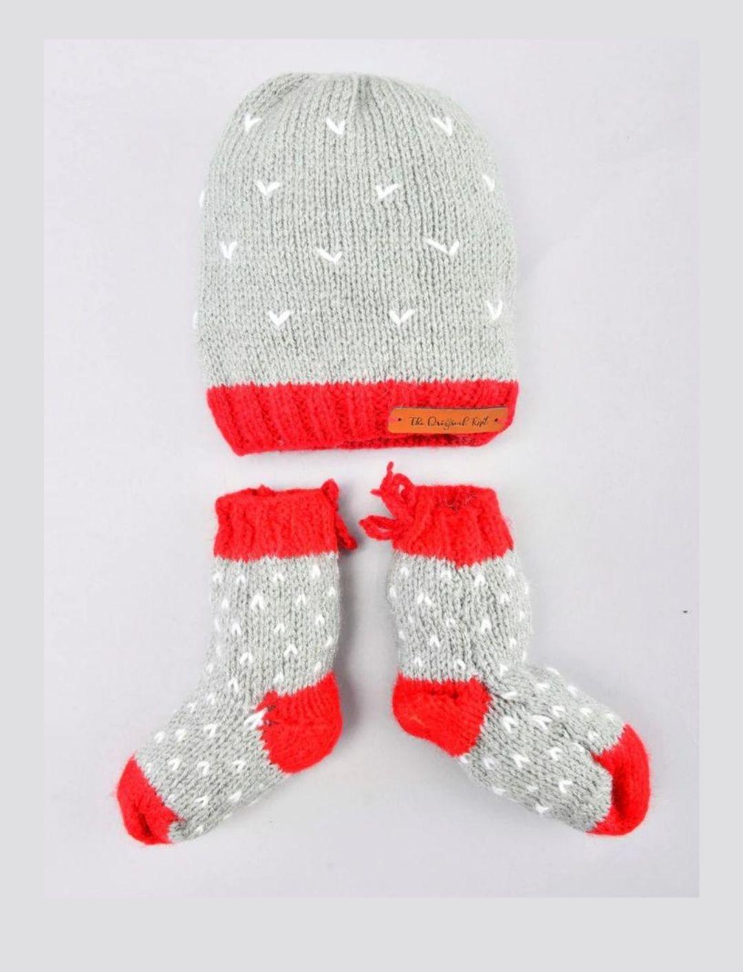 Handmade Knitted Cap & Socks- Grey & Red