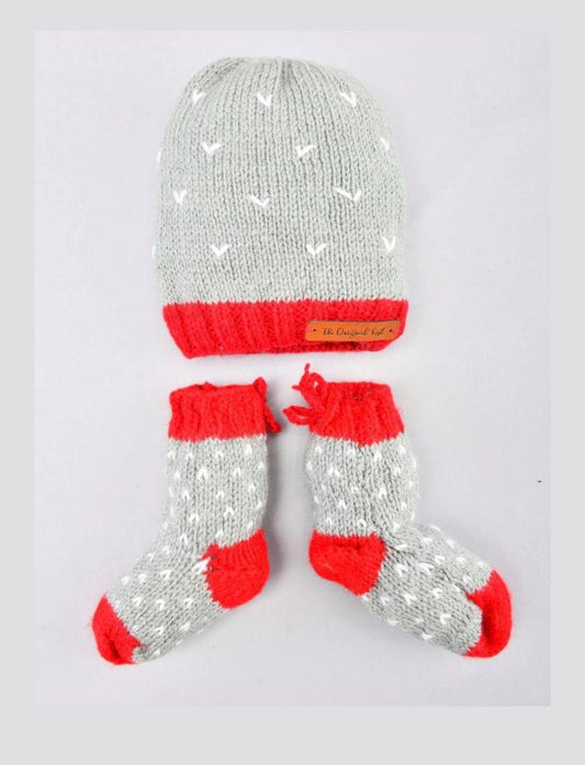 Handmade Knitted Cap & Socks- Grey & Red